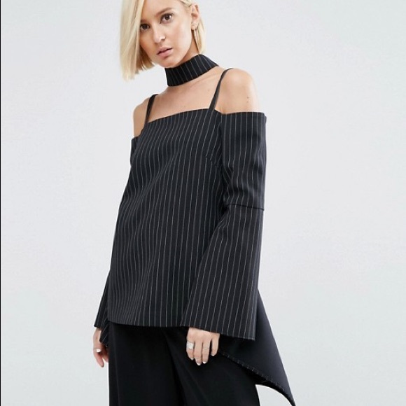 ASOS Tops - ASOS White Pinstripe Choker Top With Cuff Detail